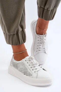 Skórzane Sneakersy Damskie Na Platformie Białe S.Barski LR505