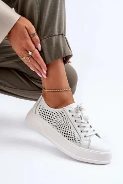 Skórzane Sneakersy Damskie Na Platformie Białe S.Barski LR505
