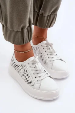 Skórzane Sneakersy Damskie Na Platformie Białe S.Barski LR505