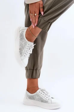 Skórzane Sneakersy Damskie Na Platformie Białe S.Barski LR505