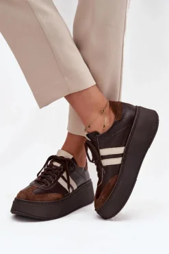 Skórzane Sneakersy Damskie Na Platformie Zazoo 3775 Czekoladowe