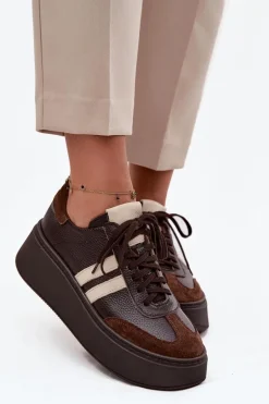 Skórzane Sneakersy Damskie Na Platformie Zazoo 3775 Czekoladowe