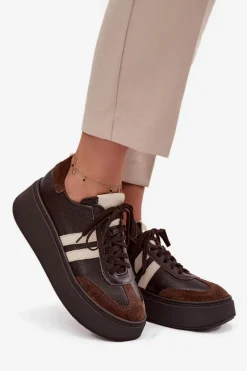 Skórzane Sneakersy Damskie Na Platformie Zazoo 3775 Czekoladowe