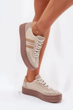 Skórzane Sneakersy Damskie Na Platformie Zazoo N1234 Beżowe