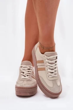 Skórzane Sneakersy Damskie Na Platformie Zazoo N1234 Beżowe