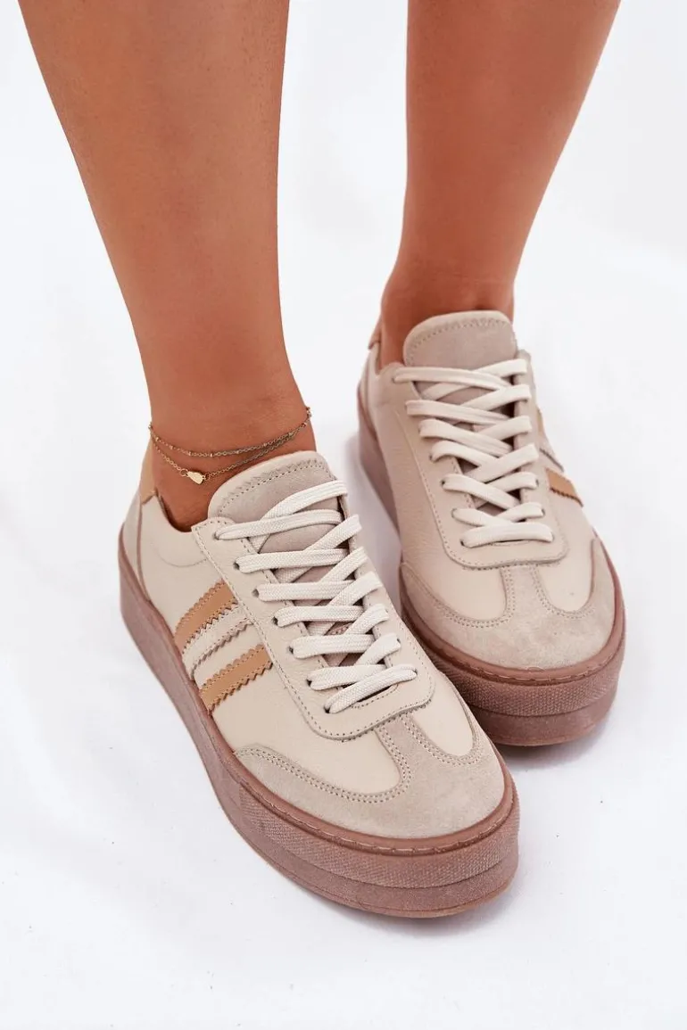 Skórzane Sneakersy Damskie Na Platformie Zazoo N1234 Beżowe
