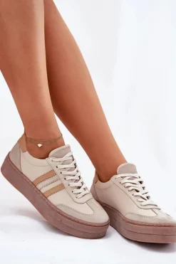 Skórzane Sneakersy Damskie Na Platformie Zazoo N1234 Beżowe