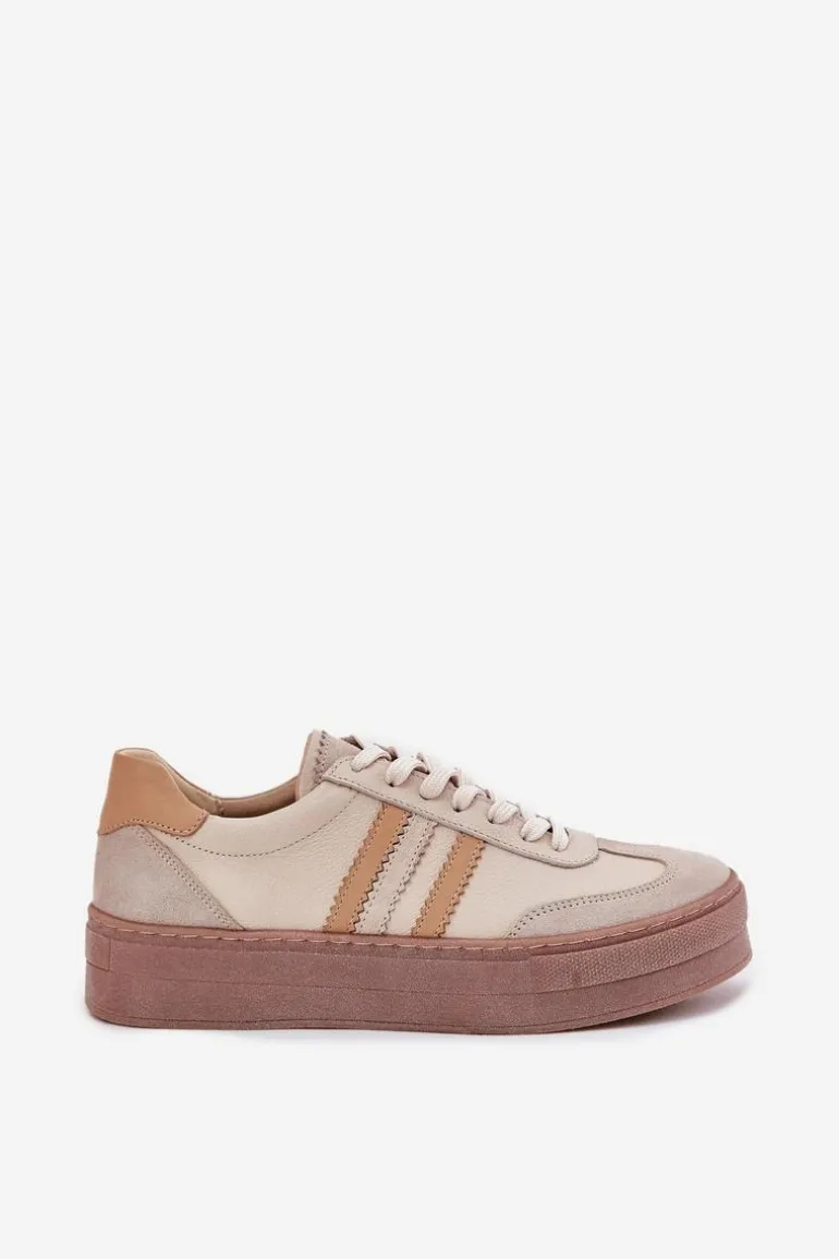 Skórzane Sneakersy Damskie Na Platformie Zazoo N1234 Beżowe