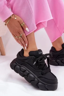 Skórzane Sneakersy Damskie Na Masywnej Platformie GOE RR2N4044 Czarne