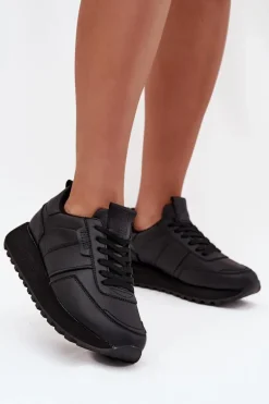 Skórzane Sneakersy Damskie Na Platformie Big Star OO274573 Hi-Poly System Czarne