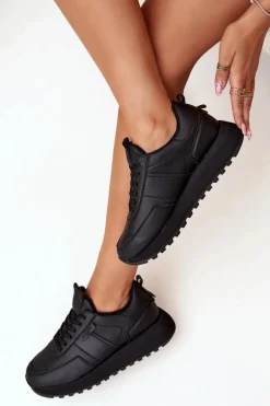 Skórzane Sneakersy Damskie Na Platformie Big Star OO274573 Hi-Poly System Czarne