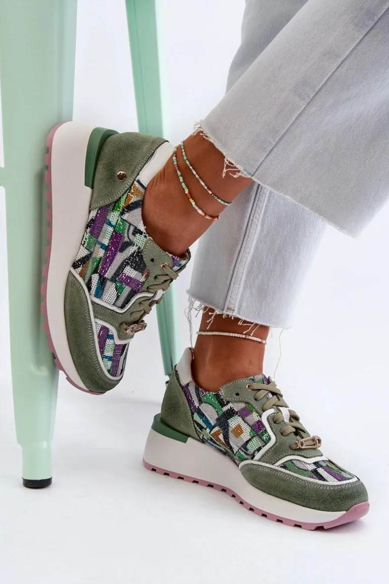 Skórzane Sneakersy Damskie Na Platformie Maciejka 06390-09 Seledynowe