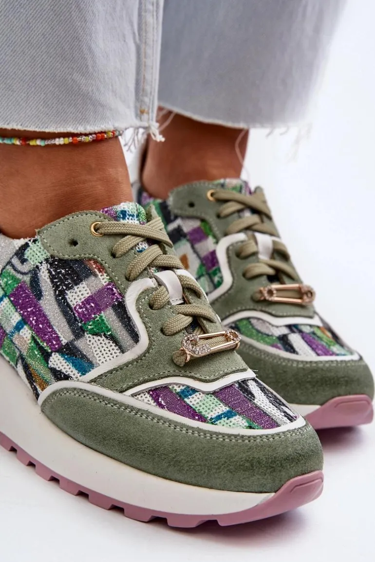 Skórzane Sneakersy Damskie Na Platformie Maciejka 06390-09 Seledynowe