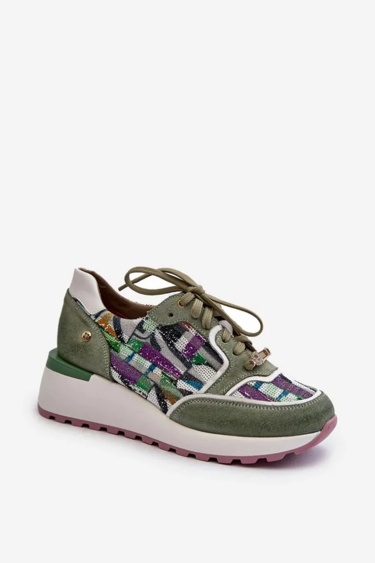 Skórzane Sneakersy Damskie Na Platformie Maciejka 06390-09 Seledynowe