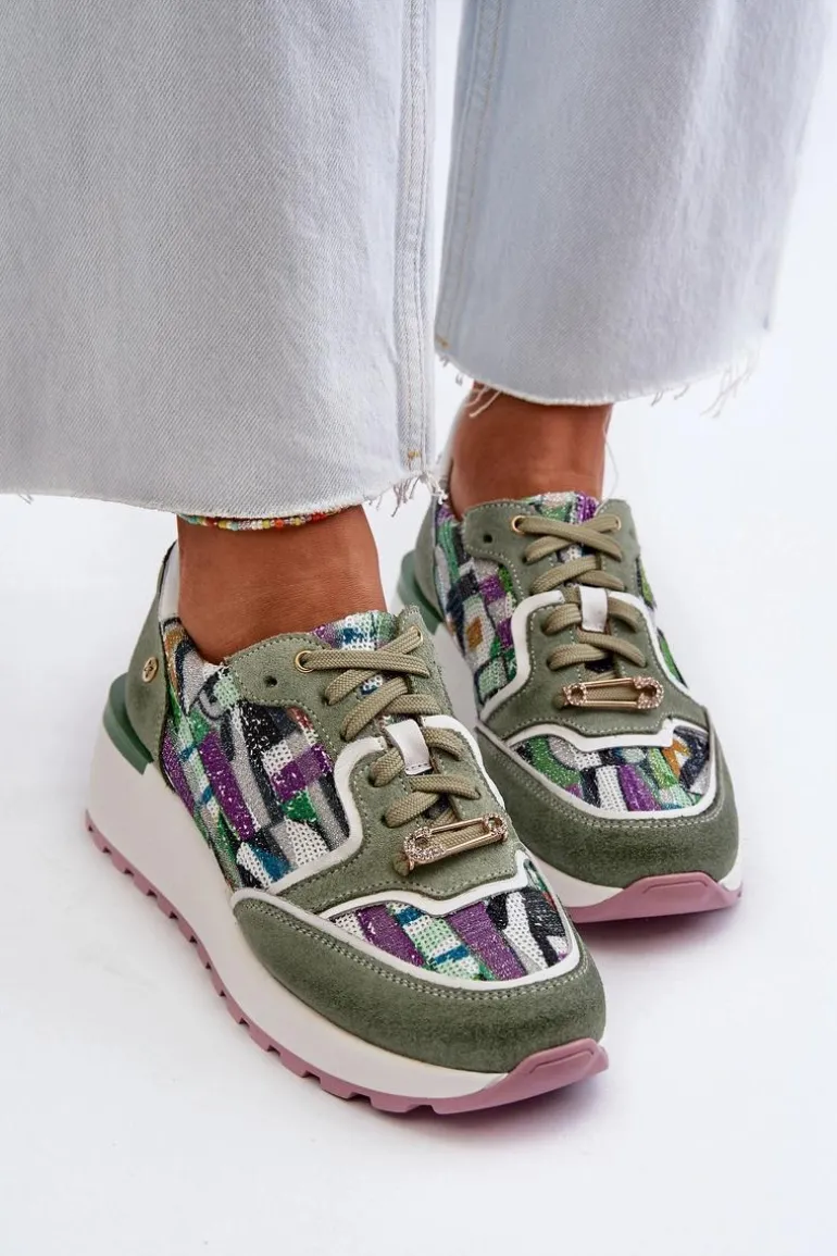 Skórzane Sneakersy Damskie Na Platformie Maciejka 06390-09 Seledynowe