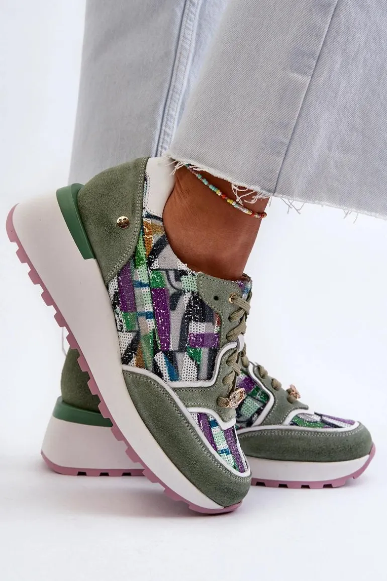 Skórzane Sneakersy Damskie Na Platformie Maciejka 06390-09 Seledynowe