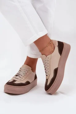 Skórzane Sneakersy Damskie Na Platformie Zazoo N1269S2 Beżowe