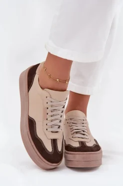 Skórzane Sneakersy Damskie Na Platformie Zazoo N1269S2 Beżowe