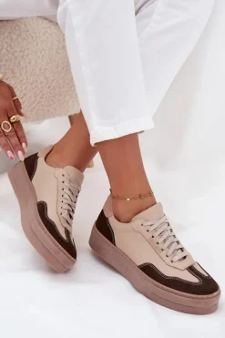 Skórzane Sneakersy Damskie Na Platformie Zazoo N1269S2 Beżowe