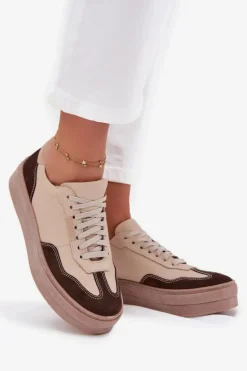 Skórzane Sneakersy Damskie Na Platformie Zazoo N1269S2 Beżowe