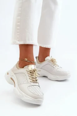 Skórzane Sneakersy Damskie Na Grubej Podeszwie Biało-Złote Dzumati