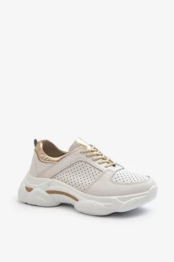 Skórzane Sneakersy Damskie Na Grubej Podeszwie Biało-Złote Dzumati