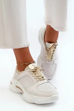 Skórzane Sneakersy Damskie Na Grubej Podeszwie Biało-Złote Dzumati