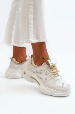 Skórzane Sneakersy Damskie Na Grubej Podeszwie Biało-Złote Dzumati
