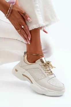 Skórzane Sneakersy Damskie Na Grubej Podeszwie Biało-Złote Dzumati
