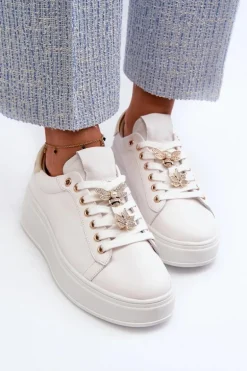 Skórzane Sneakersy Damskie Na Platformie Z Przypinkami D&A SN67 Białe