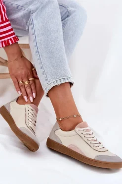 Skórzane Sneakersy Damskie Zazoo N1220 Beżowe