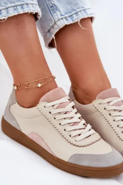 Skórzane Sneakersy Damskie Zazoo N1220 Beżowe