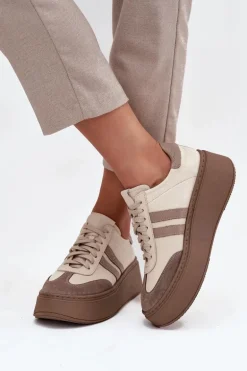 Skórzane Sneakersy Damskie Na Platformie Zazoo 3775 Beżowe