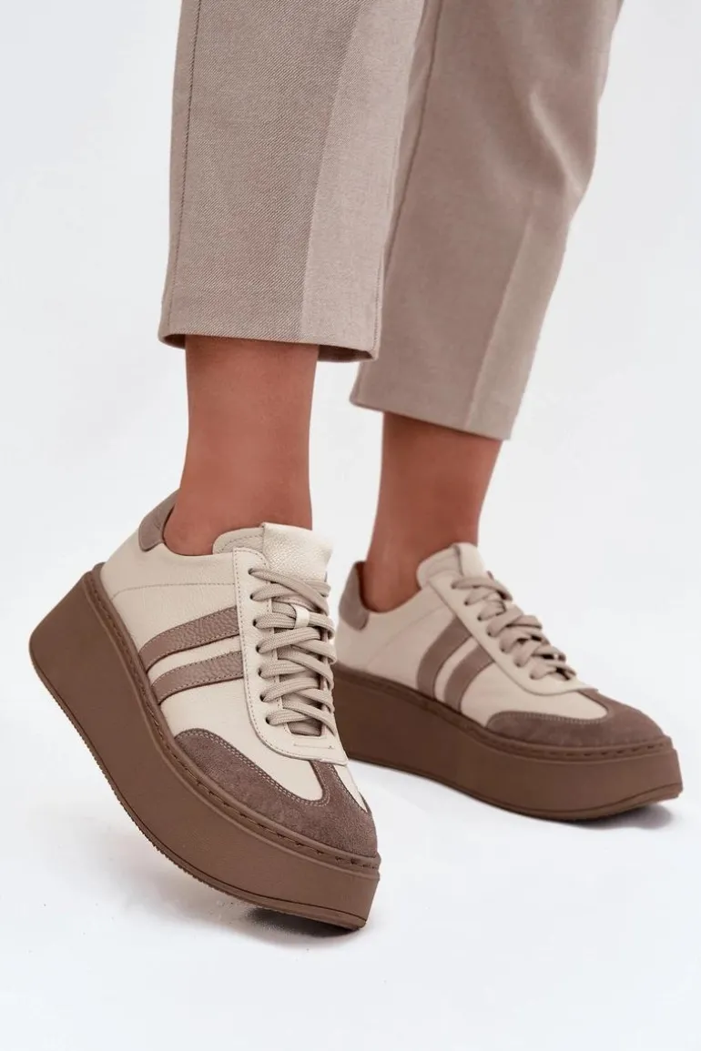 Skórzane Sneakersy Damskie Na Platformie Zazoo 3775 Beżowe