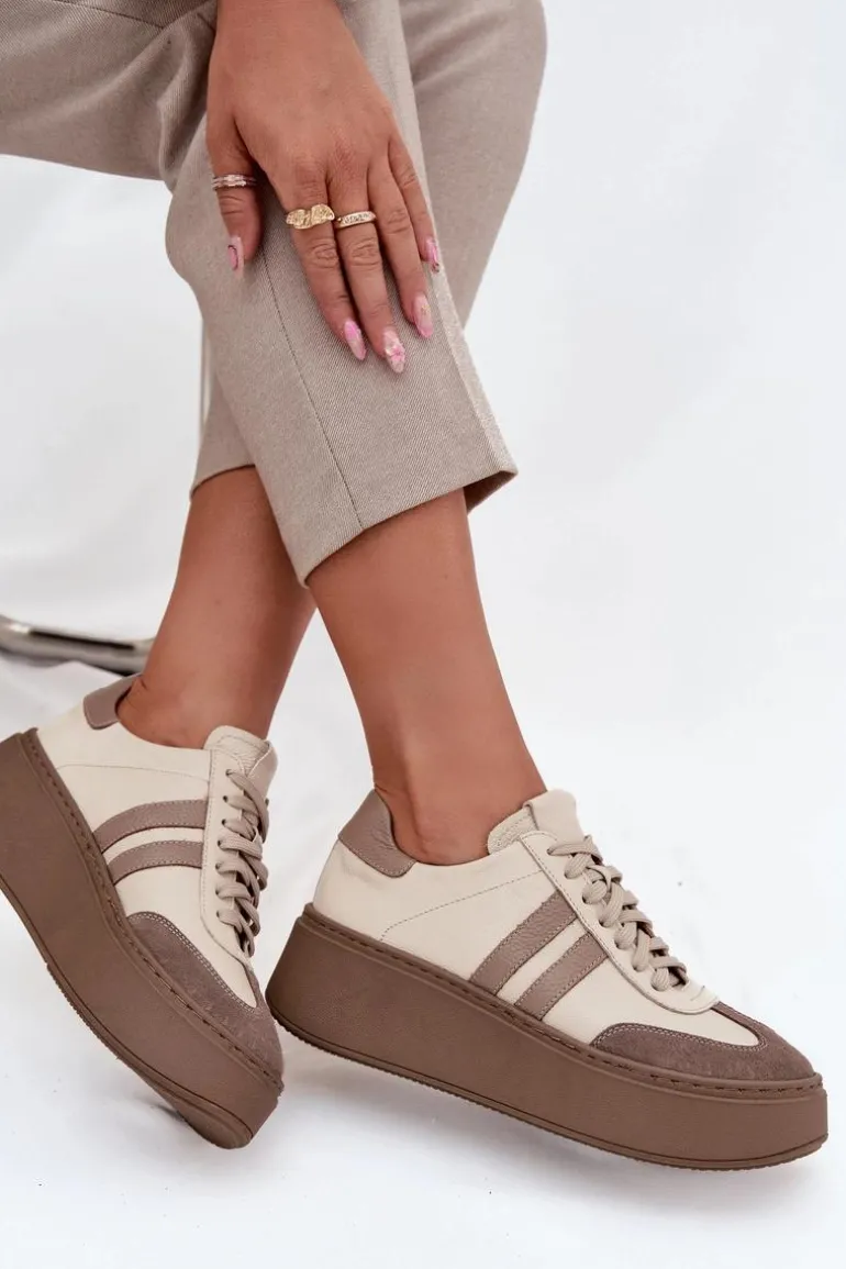Skórzane Sneakersy Damskie Na Platformie Zazoo 3775 Beżowe