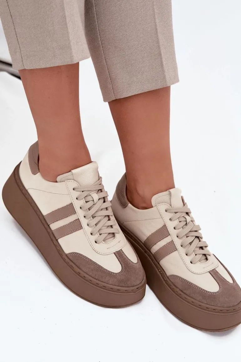 Skórzane Sneakersy Damskie Na Platformie Zazoo 3775 Beżowe