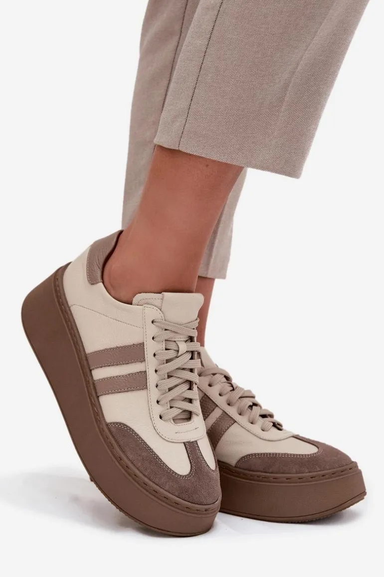 Skórzane Sneakersy Damskie Na Platformie Zazoo 3775 Beżowe