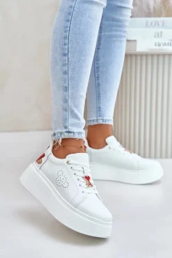 Skórzane Sneakersy Damskie Na Platformie Z Przypinką I Ozdobnym Kwiatem 89100 Białe