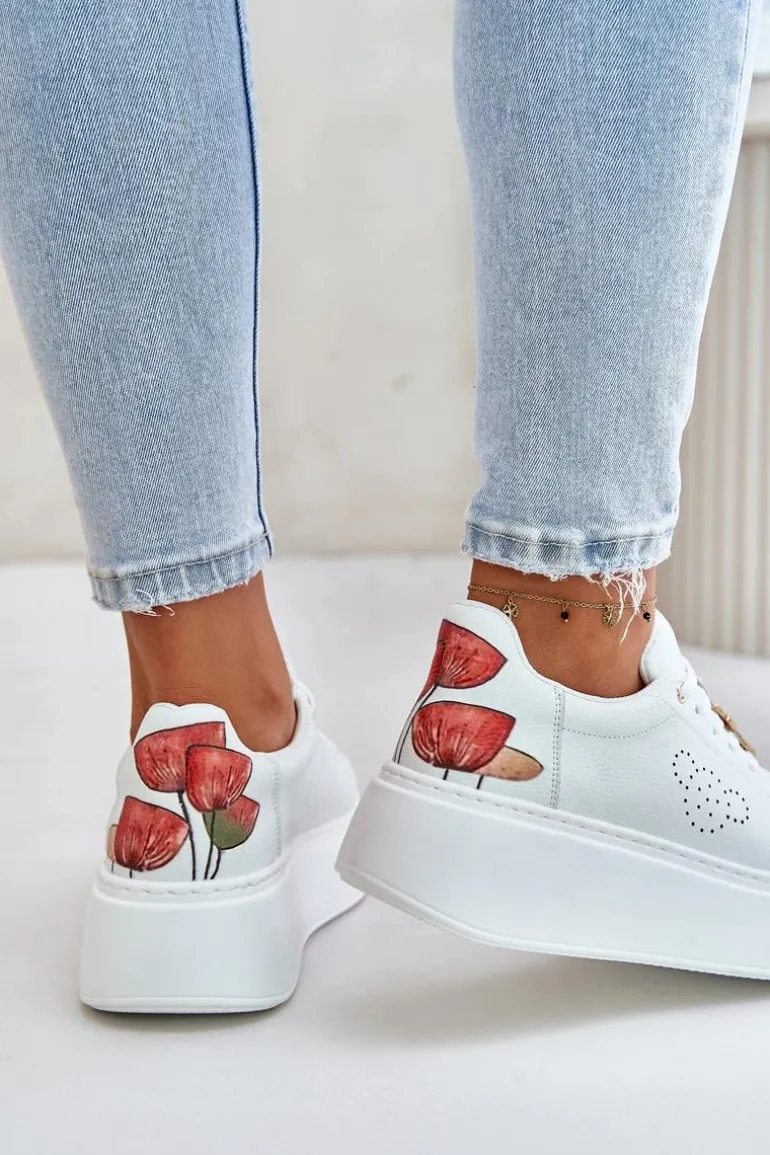 Skórzane Sneakersy Damskie Na Platformie Z Przypinką I Ozdobnym Kwiatem 89100 Białe