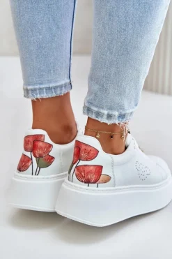 Skórzane Sneakersy Damskie Na Platformie Z Przypinką I Ozdobnym Kwiatem 89100 Białe