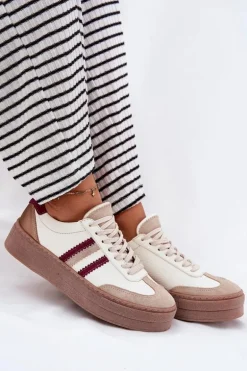 Skórzane Sneakersy Damskie Na Platformie Zazoo N1234 Beżowo-Bordowe