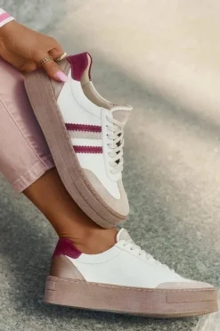 Skórzane Sneakersy Damskie Na Platformie Zazoo N1234 Beżowo-Bordowe