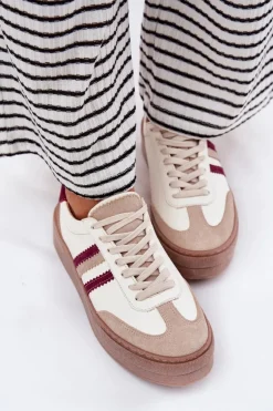Skórzane Sneakersy Damskie Na Platformie Zazoo N1234 Beżowo-Bordowe