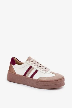 Skórzane Sneakersy Damskie Na Platformie Zazoo N1234 Beżowo-Bordowe