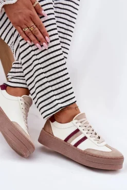Skórzane Sneakersy Damskie Na Platformie Zazoo N1234 Beżowo-Bordowe
