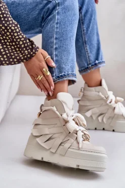 Skórzane Sneakersy Damskie Na Masywnej Platformie CheBello 4561 Beżowe