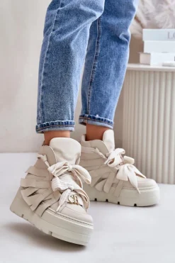 Skórzane Sneakersy Damskie Na Masywnej Platformie CheBello 4561 Beżowe