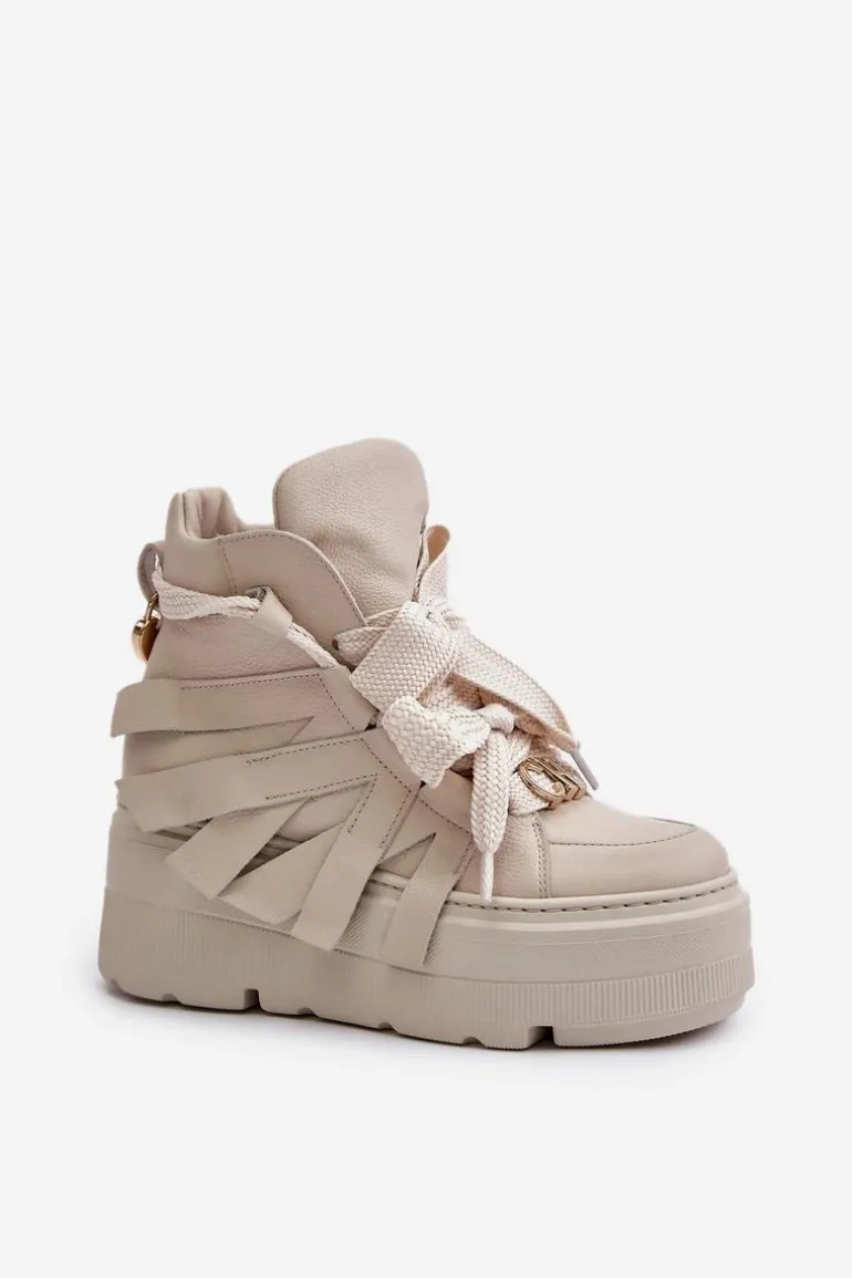 Skórzane Sneakersy Damskie Na Masywnej Platformie CheBello 4561 Beżowe