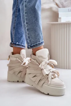 Skórzane Sneakersy Damskie Na Masywnej Platformie CheBello 4561 Beżowe