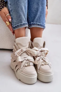 Skórzane Sneakersy Damskie Na Masywnej Platformie CheBello 4561 Beżowe